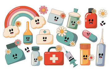 A collection of cute, retro-style medical illustrations with friendly faces and floral accents, including pills, bottles, a syringe, and first aid kit.