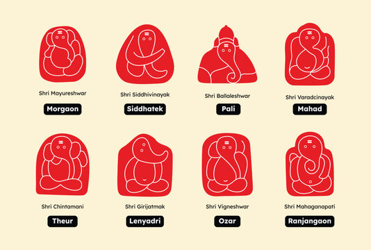 Vector graphic of Ashtavinayak, 8 types & names of ganesha or Lord Ganapati - Mayureshwar, Siddhivinayak, Ballaleshwar, Varadvinayak, Chintamani, Girijatmak, Vigneshwar, Mahaganapati - Maharashtra