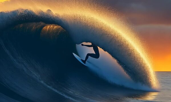 surfer carving through a massive wave, water droplets frozen in motion