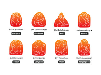 Vector graphic of Ashtavinayak, 8 types & names of ganesha or Lord Ganapati - Mayureshwar, Siddhivinayak, Ballaleshwar, Varadvinayak, Chintamani, Girijatmak, Vigneshwar, Mahaganapati - Maharashtra
