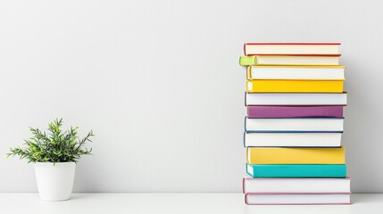 Colorful Book Stack, Plant, White Background - Minimalism