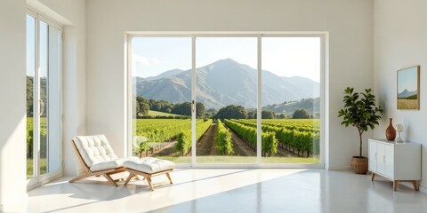 Fototapeta premium Serene vineyard view from minimalist living space featuring a comfortable lounge chair and stylish modern cabinet