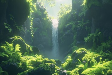 Fototapeta premium Lush, verdant waterfall cascading through a rocky, tropical gorge.
