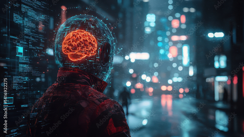 Poster dark digital space showcasing ai brain under protective barrier with defense layers against adversar