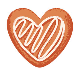 Gingerbread cookie in shape of heart with white sweet icing. Christmas traditional food