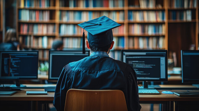 Declining interest in traditional education with a student using AI-assisted online courses in a library