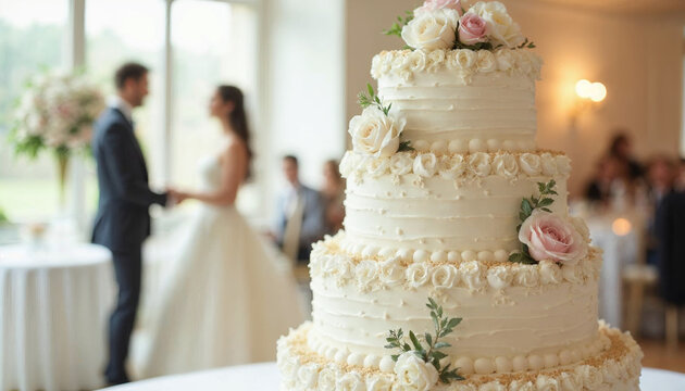 Multi-tiered wedding cake with flowers, sharp focus, set against a dreamy reception scene.