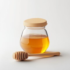 Glass Jar of Golden Honey with Wooden Dipper on White Background