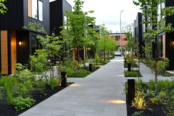 Obraz premium Modern townhouses with minimalist landscaping. Path leads into distance