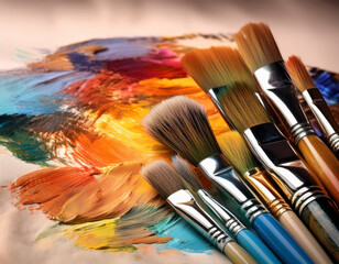 Fototapeta premium A collection of paintbrushes and colorful swatches rests on a canvas, representing artistic labor, creativity, and the skill involved in visual arts.