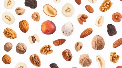 Assorted nuts and fruits, scattered on white background
