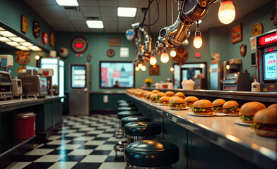 Burger Assembly Line Cafe in retrofuturistic style