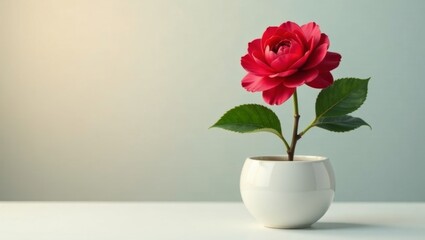 Fototapeta premium A single crimson bloom in a simple white pot, a serene symbol of elegance and quiet beauty