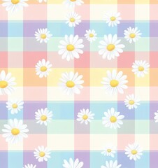 seamless pattern of daisies on pastel rainbow gingham background