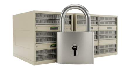 Isolated Locked Padlock in front of Server Racks Security Concept