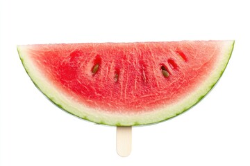 A single slice of watermelon on a wooden popsicle stick, isolated on a white background