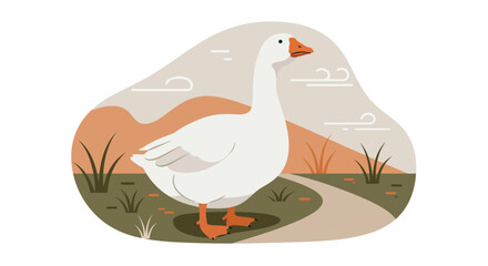 Obraz premium White domestic goose standing in natural outdoor setting with minimal flat design style vector illustration