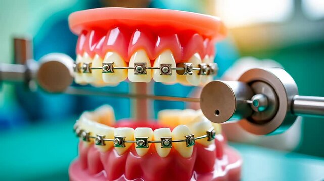 Braces dental, Orthodontic treatment, Teeth alignment. Oral health. Brackets tighten for adjusted alignment. Wires connect to affect movement. Dental care ensures lasting smile.