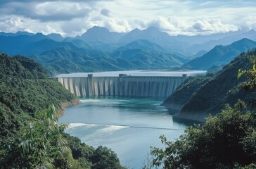 A wide shot of a dam holding back a large reservoir,