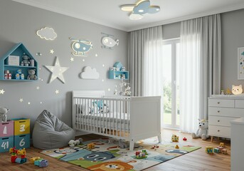 3D Rendered of Adorable and imaginative baby nursery. Ideal for illustrating baby rooms, whimsical...