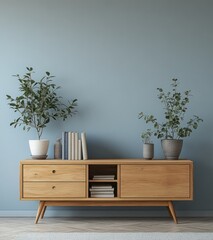 Elegant Modern Wooden Sideboard with Planters and Books Against Soft Blue Wall Background