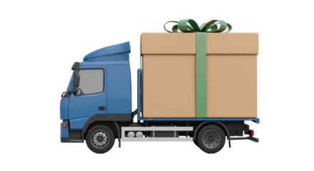 Isolated Delivery Truck Carrying Oversized Gift Box with Ribbon