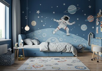 3D Rendered of Blue space-themed children's bedroom with a bed and astronaut decorations