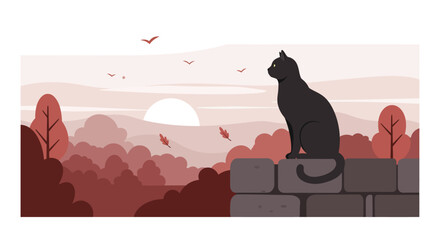 Black cat silhouette sitting on brick wall at sunset with minimal flat design in warm tones vector illustration