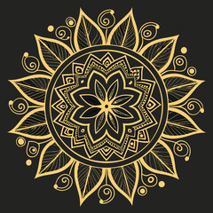 Golden ornamental round ornament on black background(round mandala)