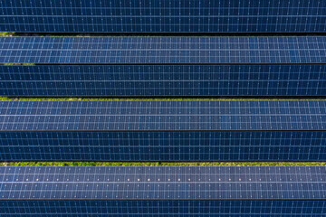 Solar panels above view close up, drone point of view
