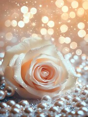 Fototapeta premium festive banner pearls, roses lie on the background of shiny glow