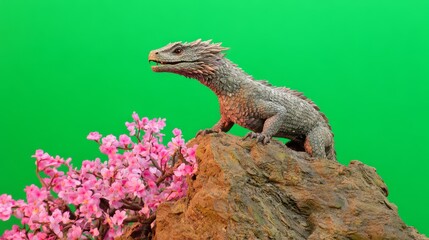 Gray dragon lizard atop a rock with pink flowers.
