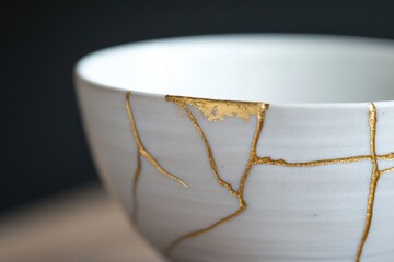 Kintsugi art: elegant white ceramic bowl with gold repair