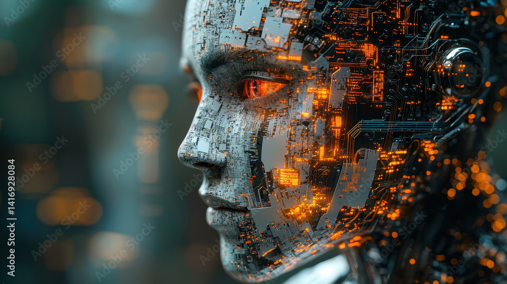 Poster fragmented humanoid robot reveals the surreal essence of ai through distorted features and corrupted