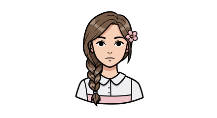 Isolated Cartoon Girl with Braid and Flower Representing Youth and Innocence