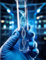 Gloved Hand Holding Test Tube with DNA Helix Graphic Overlay
