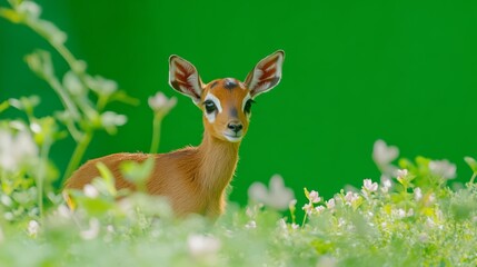 Young antelope, focused gaze, amidst meadow greenery.