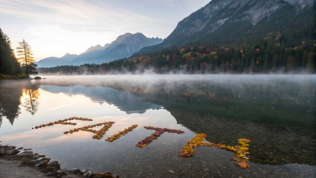 faith autumn leaves on misty mountain lake