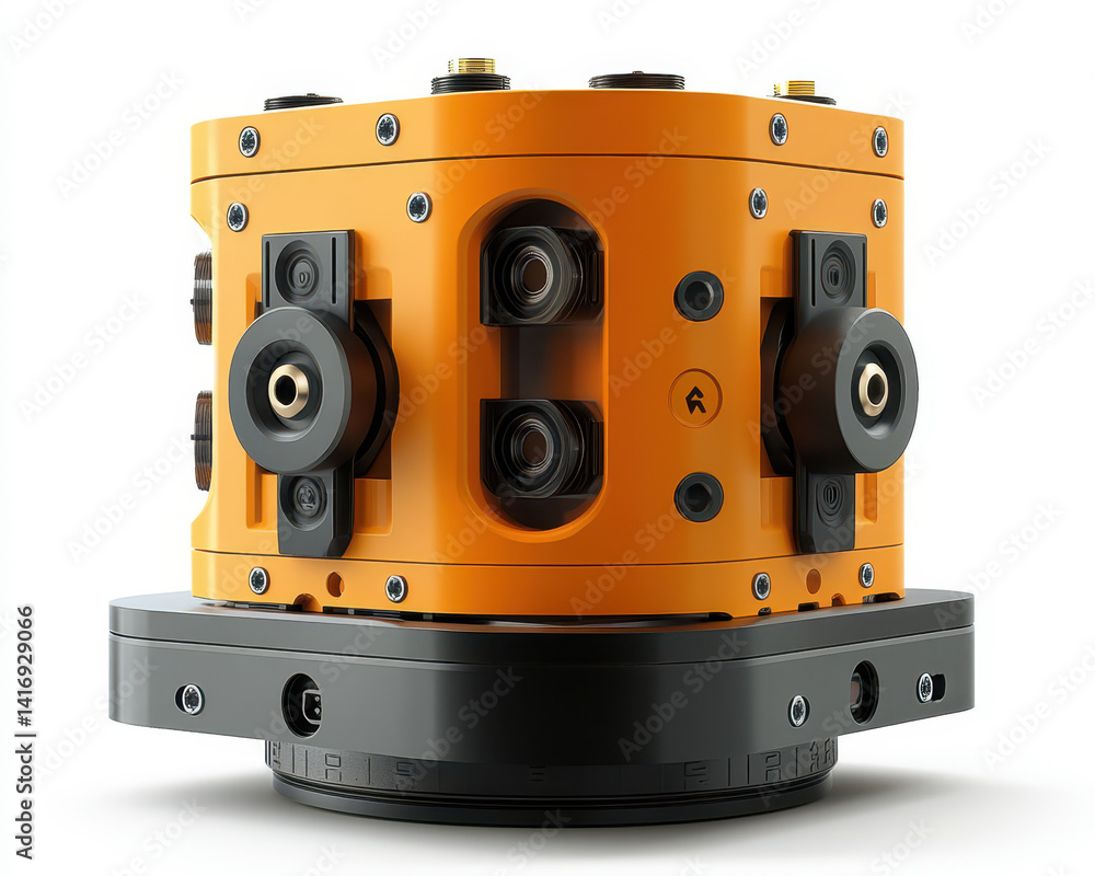 Poster image of modern mechanical commutator isolated on white background with orange and black components