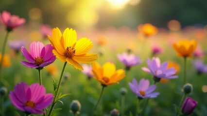 Fototapeta premium Vibrant wildflowers bathed in the warm glow of the setting sun, a breathtaking display of nature's artistry and delicate beauty in a tranquil meadow