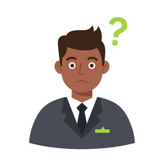 Confused businessman expressing uncertainty on a plain background  