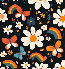retro rainbow and daisy seamless pattern with butterflies on black background