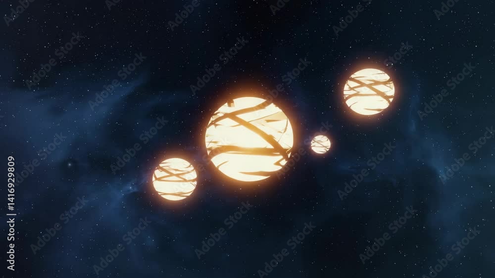 Wall mural four glowing planets float in the dark void of space with a nebula