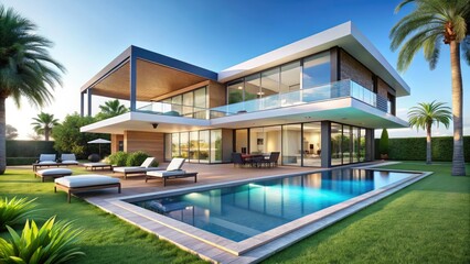 Fototapeta premium Modern Luxury Villa Minimalist Photography: Pool, Glass Architecture, Tropical Landscaping
