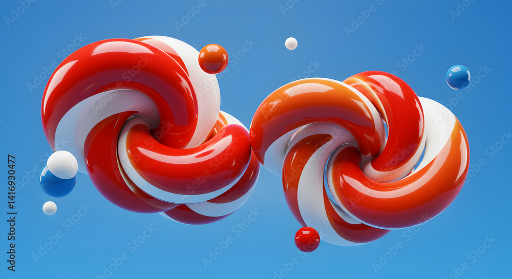 Poster two intertwined striped torus forms with floating spheres in a clean abstract design