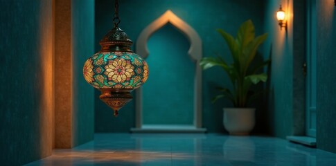Intricate Hanging Lantern Illuminates Serene Interior Corridor with Teal Walls and Subtle Lighting