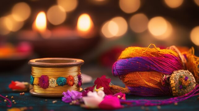 A spool of colorful sacred threads (Kalava) used for Diwali prayers. Selective focus.