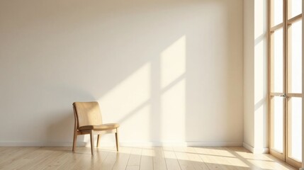 Serene Minimalist Room Interior Design Featuring a Wooden Chair and Sunlight Streaming Through a Window