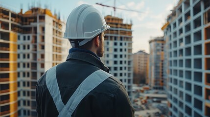 Construction worker overseeing development of large building projects