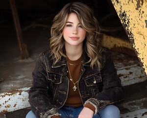 Teenage girl posing in a distressed denim jacket.